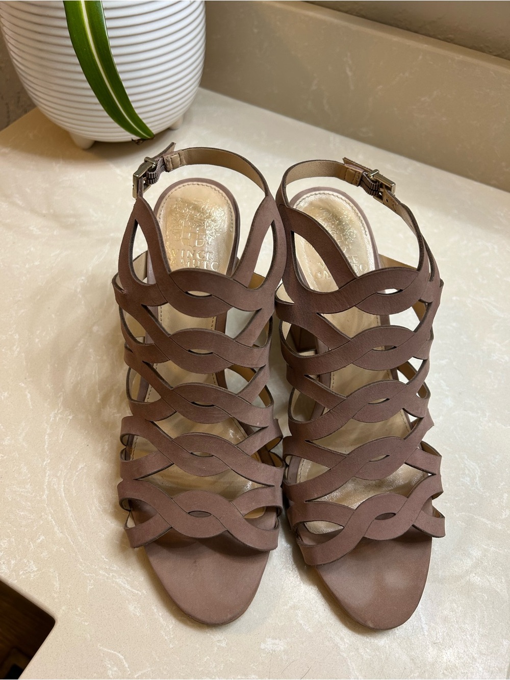 Vince Camuto Brown Woven Cutout Strappy Heeled Sandals